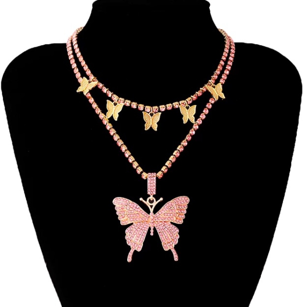 Luxury Rhinestone Cuban Butterfly 🦋 Set Two Tone Necklace - Picture 1 of 3